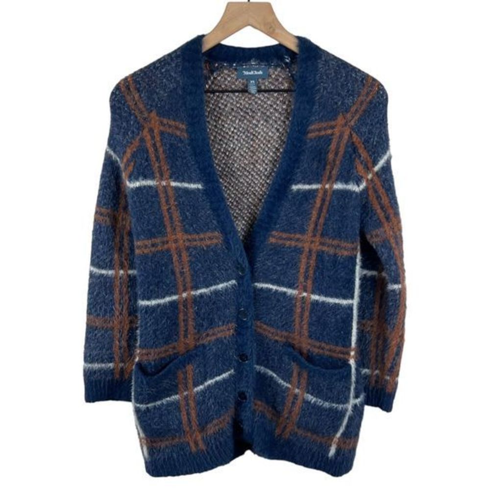 ModCloth Blue Plaid Faux Fur Long Sleeve Deep V‎ Neck Front Button Cardigan XS